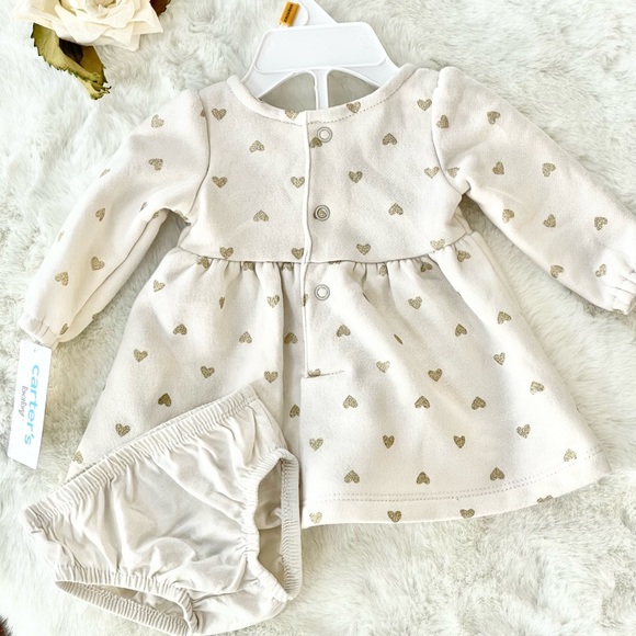 New with tags CARTERS 2PC DRESS with BLOOMERS. Gold glitter hearts on dress. Bow - Picture 2 of 3